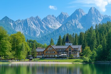 Fototapeta premium Colorful summer view of Fusine lake. Bright morning scene of Julian Alps with Mangart peak on background, Province of Udine, Italy, Europe. Traveling concept background