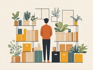 Illustration of a Person Organizing Indoor Shelves Filled with Books and Various Houseplants Creating a Harmonious and Modern Interior Ambiance