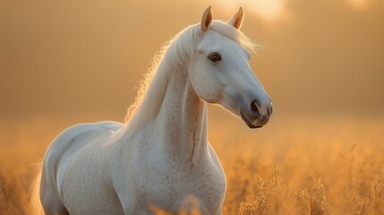 Majestic White Horse in a Vibrant Sunset Meadow Scene