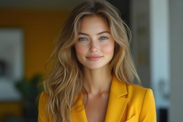 Fototapeta premium confident businesswoman in vibrant yellow power suit against minimalist backdrop radiating optimism and professional energy with genuine warm smile