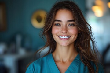 Fototapeta premium confident female orthodontist in modern clinic wearing teal scrubs warm professional lighting genuine smile stateoftheart equipment background