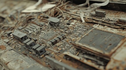 Close-up of a rusty, damaged computer motherboard.