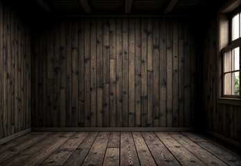 Empty room with dark wooden walls and floorboards featuring a window