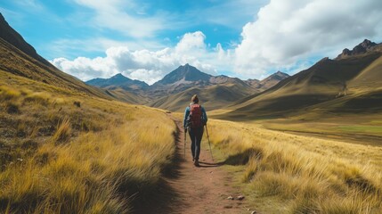 Obraz premium Hiking scene in Vinicunca, Cusco Region, Peru. Rainbow Mountain