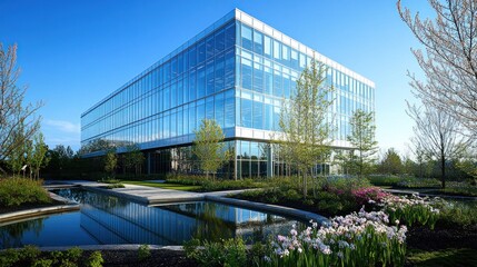 Obraz premium Modern glass office building, spring landscaping, sunny day, corporate campus