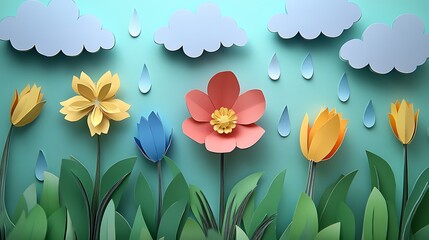 Fototapeta premium Colorful Paper Flowers Blooming Under Rainy Clouds