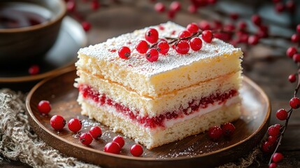 Red currant cake slice on wooden plate, festive setting
