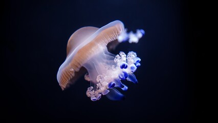 A glowing jellyfish with blue tentacles on a black background. The bell-shaped jellyfish has long,...