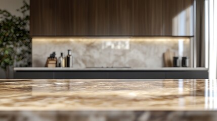 Modern kitchen countertop, marble texture, blurred background, sunlight, product display