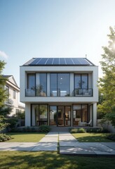 Fototapeta premium Solar-powered modern house with transparent panel windows Generative AI