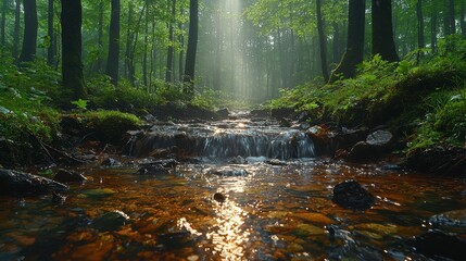 Obraz premium Sunlit stream flows through misty green forest.
