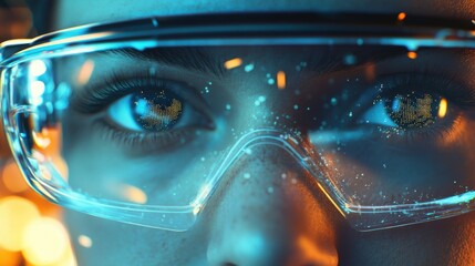 Close up of a scientist wearing futuristic glasses, with digital data displayed on their eyes, suggesting augmented reality and advanced technology in a scientific setting
