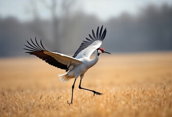 Fototapeta premium Graceful crane bird in flight landing in golden field. Large bird with outstretched wings, long legs. Wildlife photo shows nature scene. Big bird landing in meadow. Beautiful scenery. Stunning
