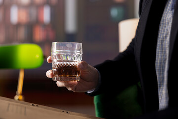 Government agent boss drinking a glass of scotch and discussing about case details, presenting documents with crucial evidence to accomplish CIA mission goals. Intelligence alliance. Close up.