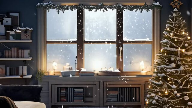 heartwarming winter themed looped animation of snowflakes falling outside a window setting a cozy festive atmosphere perfect for reading and relaxation