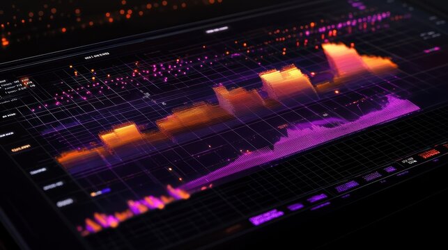 Growing orange and purple bar graph and scatter plot showing positive results displayed on a computer screen in a dark environment with visible bokeh effect in the background