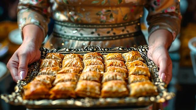Woman presenting ornate tray of baklava pastries in traditional attire, ideal for slow motion food demonstration
