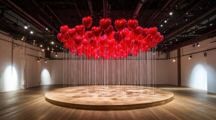 Red heart balloons art installation in industrial loft space