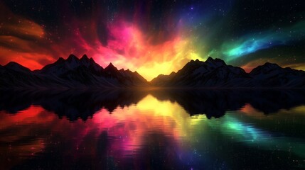 Northern light scene with colorful lights and mountains reflected in water