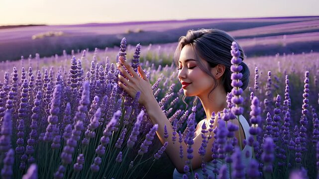 Serene Woman Enjoying Lavender Field at Sunset with Vibrant Purple Blooms and Golden Light in Summer Landscape

