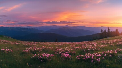 Panoramic view in lawn with pink rhododendron flowers, beautiful sunset with orange sky in summer time. Mountains landscapes. Location Carpathian, Ukraine, Europe. Colorful background