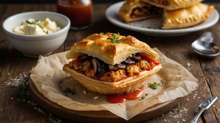 Close-Up of Golden Puff Pastry Pie Filled with Fried Chicken, Mushrooms, and Mozzarella