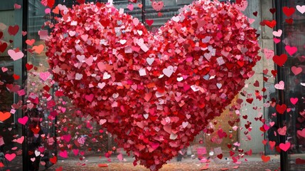 Giant heart sculpture made of numerous small red and pink hearts.
