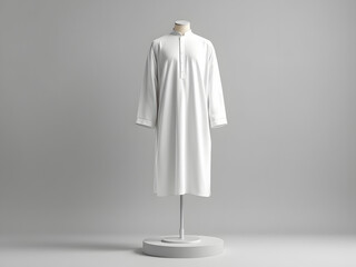 Minimalist White Thobe on Mannequin Against Neutral Grey Background with Copy Space
