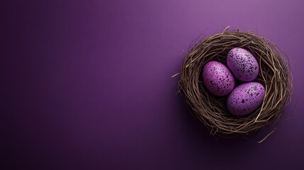Purple speckled eggs in nest on purple background