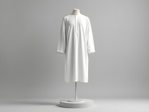 Minimalist White Thobe on Mannequin Against Neutral Grey Background with Copy Space