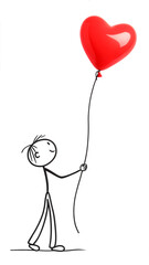 A stick figure holding a red heart-shaped balloon against a black background.