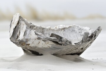 Obraz premium Weathered wooden boat wreck rests on a pristine white sandy beach, showing the effects of time and sea.