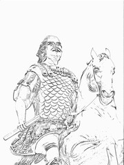 Black and white detail illustration of the Golden Rider or Goldener Reiter, August the Strong, August 2th, Dresden, Saxony, Germany.