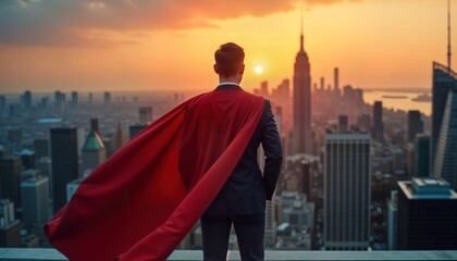 Businessman in suit, red cape stands on rooftop at sunset overlooking city. Leader looks out over city. Heroic, confident pose. Powerful image of success, leadership. Urban skyline. Motivational
