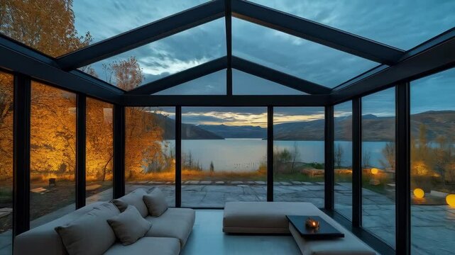 Serene autumn lakeview from modern glassenclosed patio with cozy sofa setting