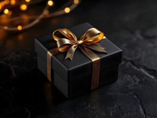 Luxurious Black Gift Box with Golden Bow on Marble Surface with Festive Bokeh Background