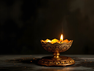 Traditional Golden Diya Lamp Glowing With Sacred Flame For Spiritual Ceremonies