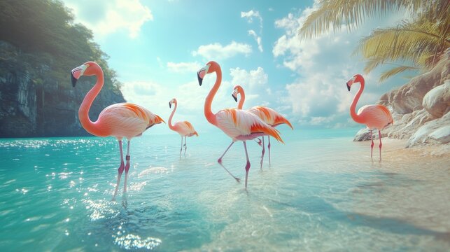 Wild african birds. Group birds of pink african flamingos walking around the blue lagoon on a sunny day