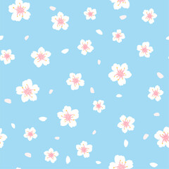 Cherry blossom seamless pattern. Vector cute spring floral print with white sakura flowers and falling petals on blue background. Natural flat texture for wrapping, fabric, decor, textile, fashion.