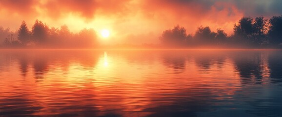 Obraz premium Fiery sunrise over calm lake, misty trees reflected in water.