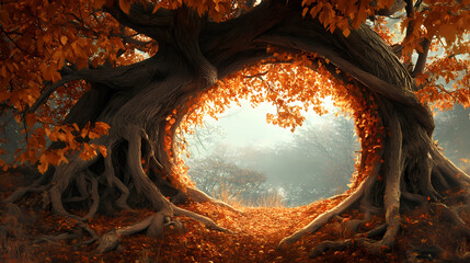 Majestic autumn tree with arching branches and exposed roots. Autumn Arch. Illustration