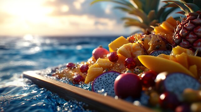 Exotic Fruit Platter Floating on Ocean at Sunset