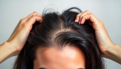 Fototapeta premium Woman checking hair for thinning, baldness. Hands touch scalp. Hair loss concept. Close-up photo. Health care. Problem. Woman looks worried. Beauty product promotion. Medical concept. Hair health