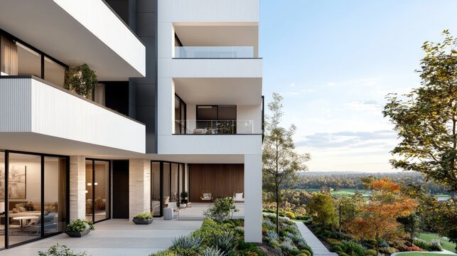 Modern apartment building hillside view, autumn foliage background. Real estate advertising