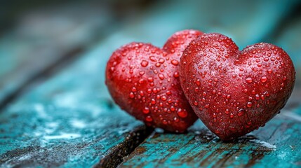 Obraz premium Romantic hearts with water droplets on weathered wood
