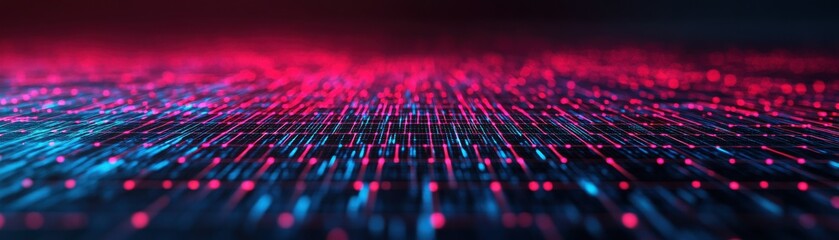 Fototapeta premium Abstract digital landscape showcasing vibrant particles and waves in red and blue tones, representing data flow and connectivity.