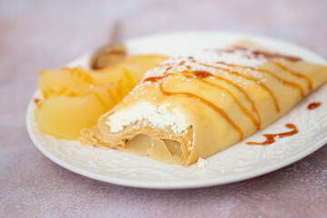 Sweet autumn pancakes with cottage cheese and apples, winning kitchen table with spices