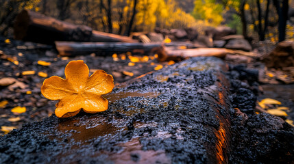 Fototapeta premium Single golden leaf on a charred log in an autumnal forest.