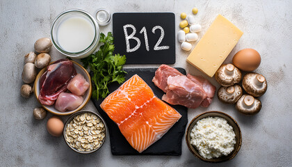 Natural sources of Vitamin B12 (Cobalamin) for normalization of sleep; ensuring normal brain function; supporting the respiratory system; alzheimer's deasease treatment. Top view