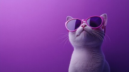 Cool cat in pink shades, purple background, summer fun
